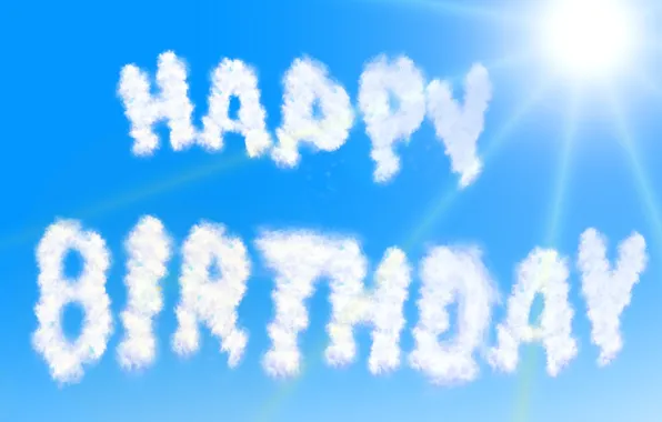 The sky, the sun, clouds, rays, the inscription, blue, Happy Birthday, Birthday