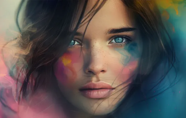 Look, girl, face, paint, portrait, brunette, spot, blue eyes