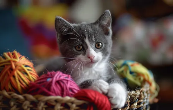Cat, look, tangle, kitty, legs, thread, face, basket