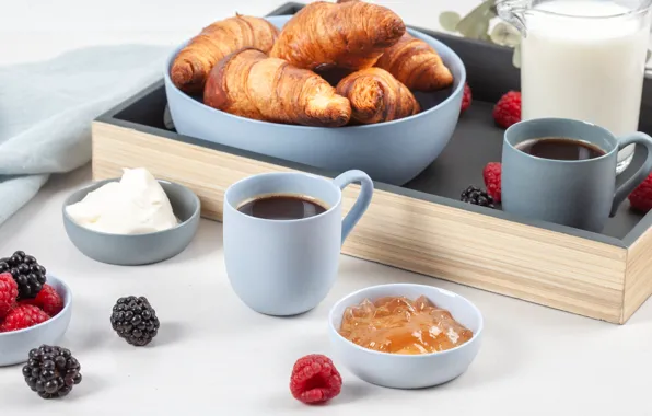Coffee, Breakfast, milk, cream, tray, croissants, Iryna Melnyk
