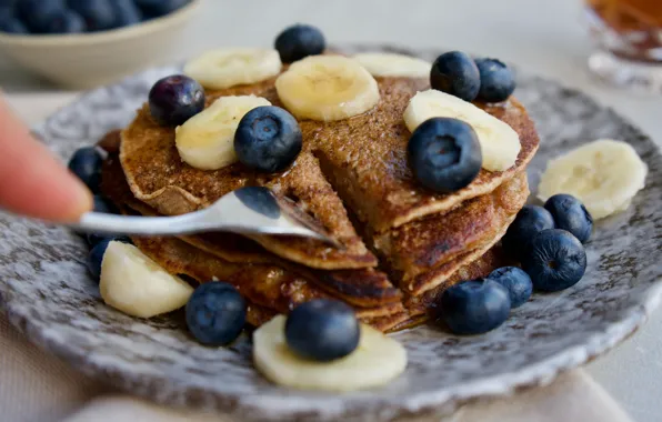 Berries, table, hand, blueberries, plate, bananas, plug, slices