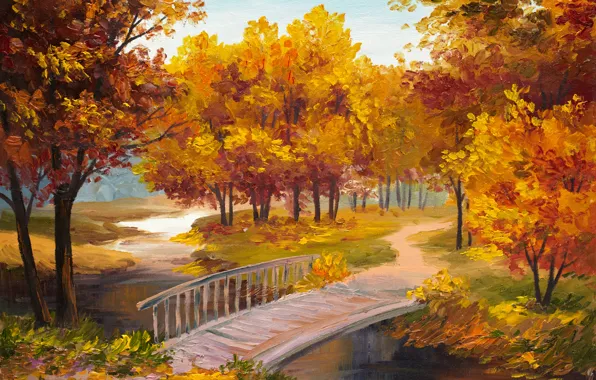 Picture autumn, trees, river, the bridge, time of the year