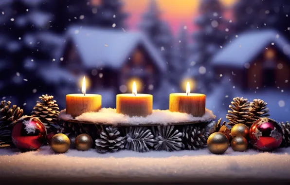 Winter, snow, decoration, night, balls, candles, New Year, Christmas
