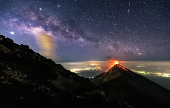 Picture the sky, stars, meteor, the volcano, The milky way, sky, stars, Milky Way