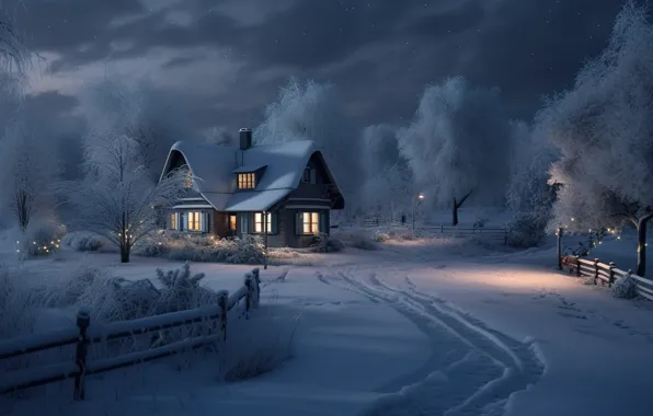 Winter, snow, night, lights, tree, New Year, Christmas, house