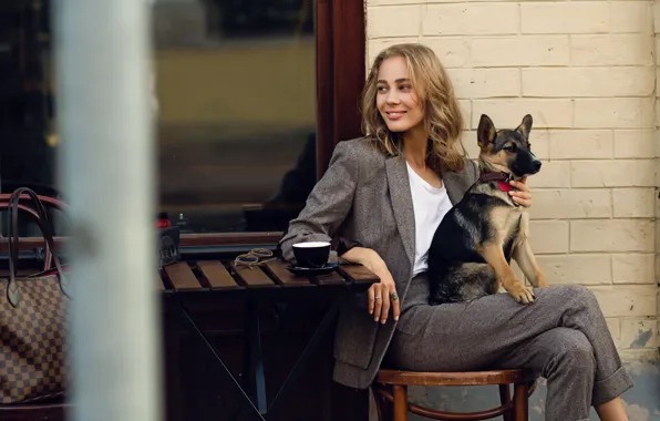 Face, pose, smile, table, wall, street, hair, dog