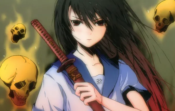 Girl, weapons, skull, katana, anime, art, form, schoolgirl