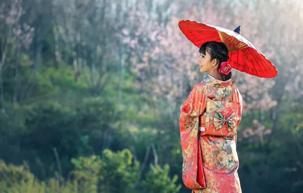 Smile, umbrella, Asian, umbrella, smile, asian, national clothes, national dress