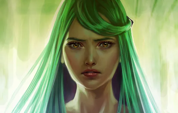 Look, girl, face, background, art, green hair