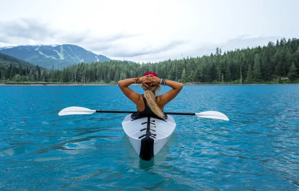 Picture forest, mountains, river, blonde, relaxation, kayak
