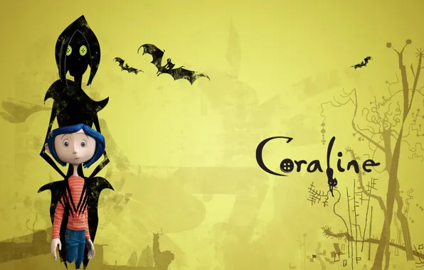 Cat, the inscription, cartoon, girl, witch, scary story, Coraline, Coraline