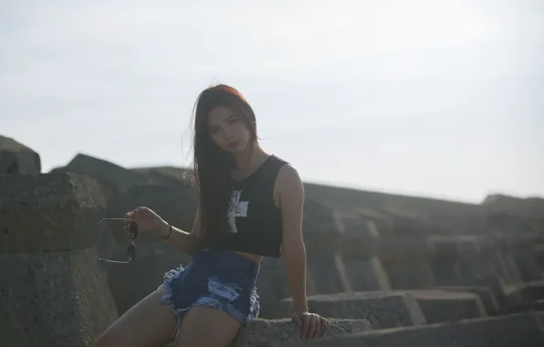 Picture style, shorts, girl, glasses, summer, face, Asian
