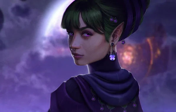 Picture the sky, look, girl, clouds, face, elf, planet, beauty