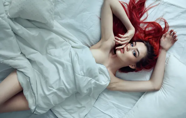 Picture look, girl, face, pose, hands, makeup, bed, red hair