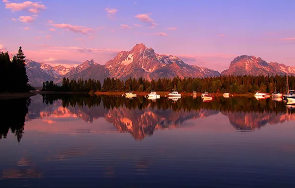Picture the sky, trees, sunset, mountains, lake, boat, boat, Wyoming