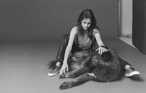 Picture girl, dog, black and white, Kristen Stewart, Kristen Stewart, or the wolf