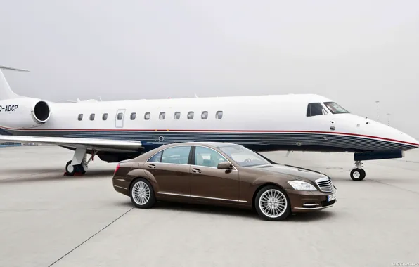 Car, machine, Mercedes, plane, S-class, car and plane