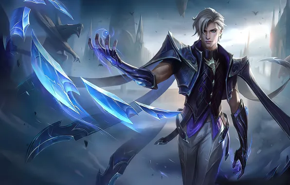 Castle, magic, fantasy, statue, guy, Aamon, Mobile Legends: Bang Bang!