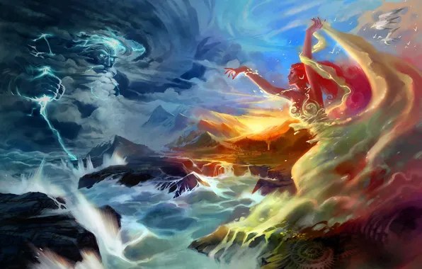 Picture sea, girl, mountains, lightning, God, seagulls, storm, art