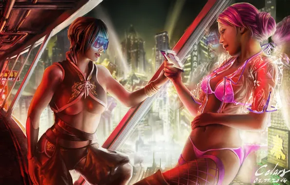 Erotic, look, girls, mesh, stockings, window, Cyberpunk