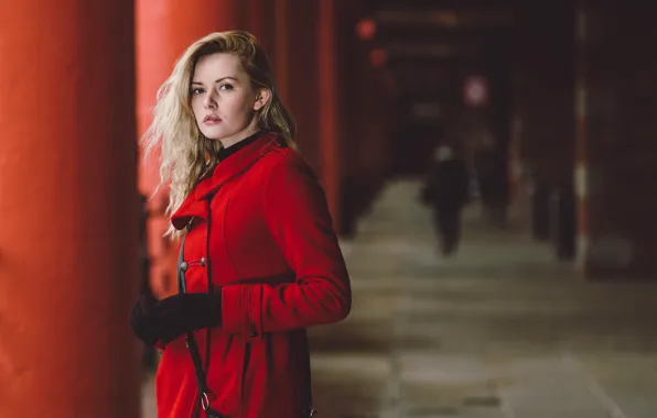 Picture look, pose, blonde, gloves, coat, bokeh, Carla Monaco