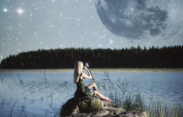 Picture girl, lake, the moon