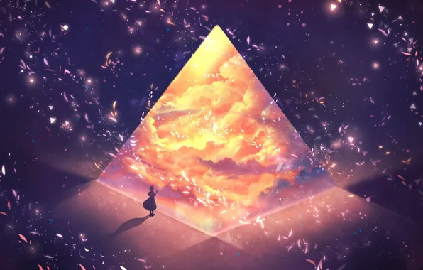 Girl, clouds, fantasy, pyramid