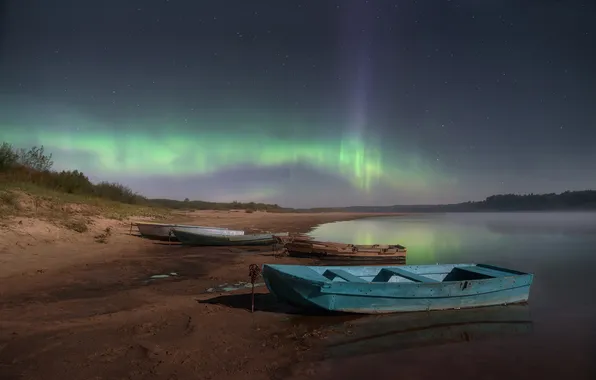 Picture the sky, lake, boat, Northern lights, Evgeny Smolsky