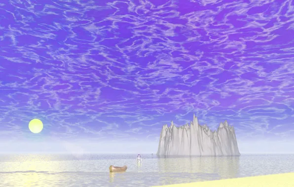 Sand, sea, the sky, boat, fantasy, crater, elf