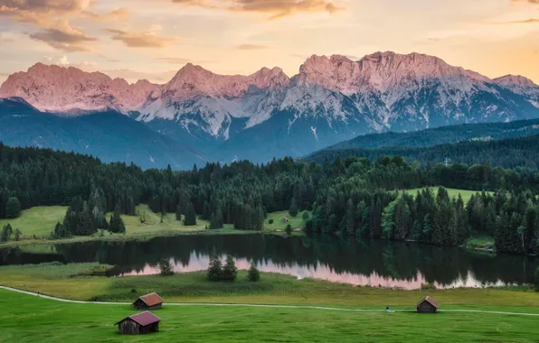Field, forest, the sky, mountains, lake, shore, the slopes, tops
