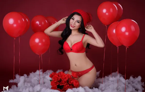 Look, girl, balls, flowers, smile, background, hat, panties