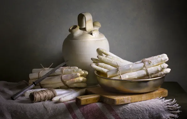 The dark background, table, rope, knife, pitcher, still life, items, composition