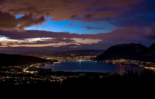 Mountains, night, the city, lights, lake, France, Annecy, the lake of Annecy