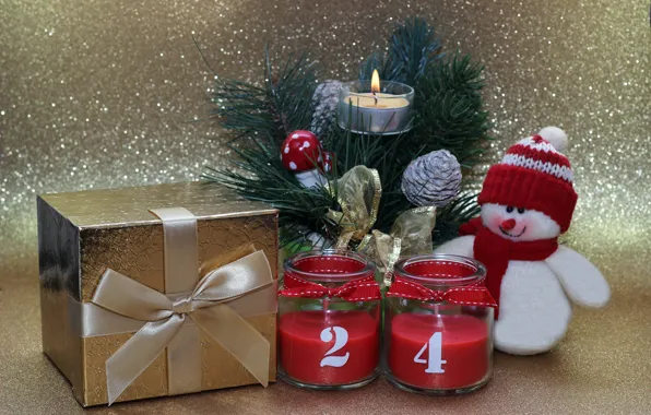 Branches, holiday, box, gift, toy, Shine, candles, Christmas