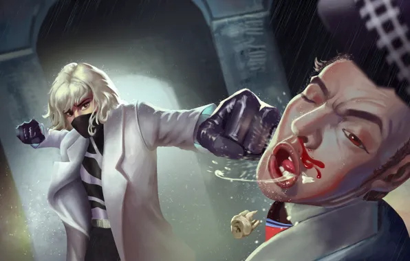 Girl, Charlize Theron, blood, mask, blow, male, coat, art