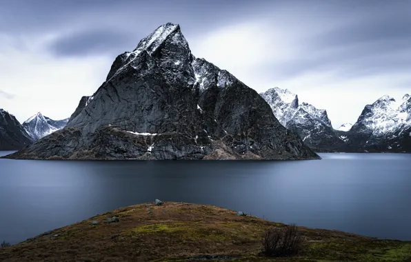 Sea, mountains, Norway, sea, mountains, Norway, the gray sky, gray sky