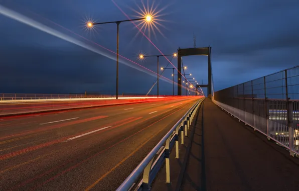 Picture road, the sky, night, bridge, the city, lights, track, excerpt