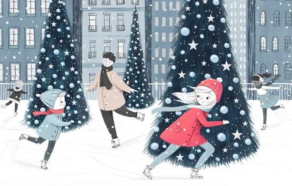Winter, New Year, rink, tree