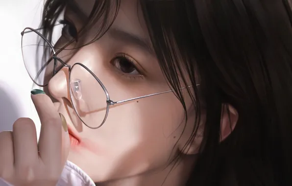 Face, hand, glasses, Asian, moles, portrait of a girl, by 3d render