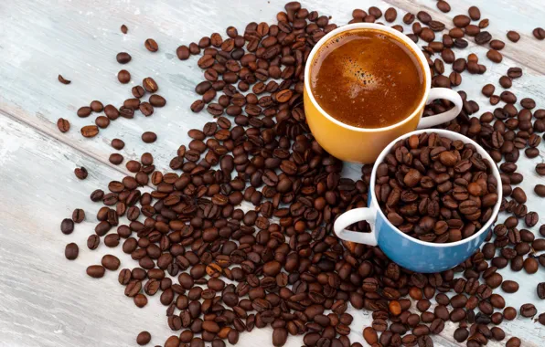 Coffee, Cup, coffee beans, wood, coffe