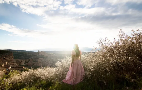 The sky, girl, landscape, nature, romance, dal, dress, long hair