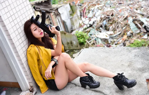 Picture girl, background, shoes, machine, legs, sitting