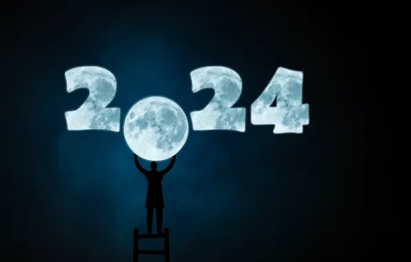 Night, the moon, New year, date, 2024