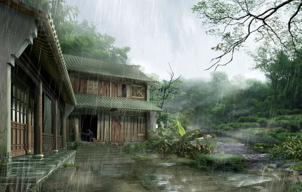 Picture house, rain, Japan, Japan, house, rain