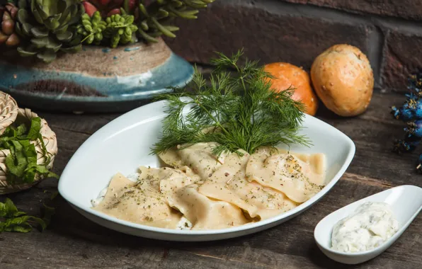 Greens, dill, plate, bread, sauce, spices, the dough, ravioli