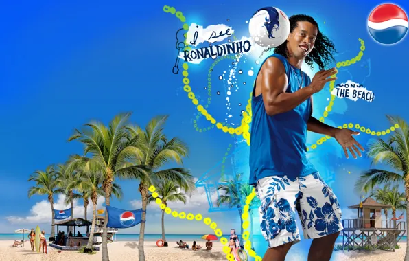Beach, The ball, Summer, Football, Player, Legend, Ronaldinho, Pepsi