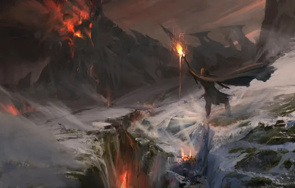 Picture fire, flame, fantasy, magic, art, mountain, snow, lava