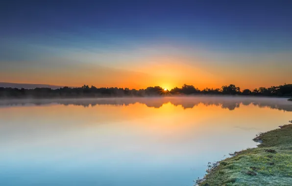 Summer, the sky, the sun, trees, sunset, fog, lake, reflection