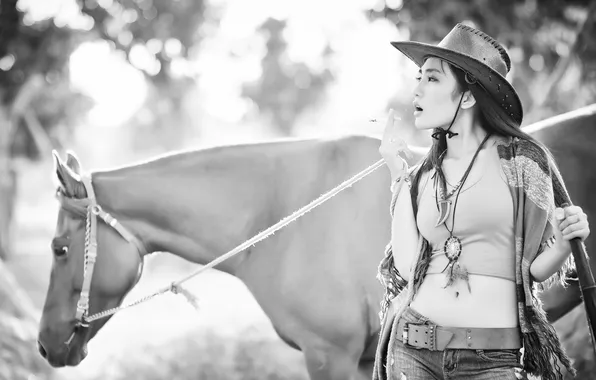 Girl, horse, cigarette