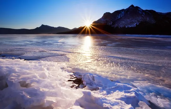 Winter, the sky, the sun, mountains, river, ice, spring, beginning